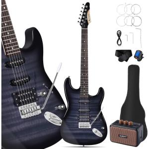 imageLeo Jaymz 39quot Full Size ST Style Electric Guitar Starter Kit with SSH Pickup 5W Portable Amp Tuner Gig Bag Strap ampamp Accessories Red FlameBlack Flame 5W