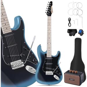 imageLeo Jaymz 39quot Full Size ST Style Electric Guitar Starter Kit with SSH Pickup 5W Portable Amp Tuner Gig Bag Strap ampamp Accessories Red FlameBlue Black 5W