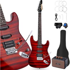 imageLeo Jaymz 39quot Full Size ST Style Electric Guitar Starter Kit with SSH Pickup 5W Portable Amp Tuner Gig Bag Strap ampamp Accessories Red FlameRed Flame 5W