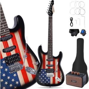 imageLeo Jaymz 39quot Full Size ST Style Electric Guitar Starter Kit with SSH Pickup 5W Portable Amp Tuner Gig Bag Strap ampamp Accessories Red FlameUS Flag 5W