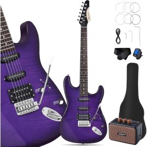 imageLeo Jaymz 39quot Full Size ST Style Electric Guitar Starter Kit with SSH Pickup 5W Portable Amp Tuner Gig Bag Strap ampamp Accessories Red FlameViolet Flame 5W
