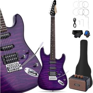 imageLeo Jaymz 39quot Full Size ST Style Electric Guitar Starter Kit with SSH Pickup 5W Portable Amp Tuner Gig Bag Strap ampamp Accessories Red FlameViolet Ocean 5W
