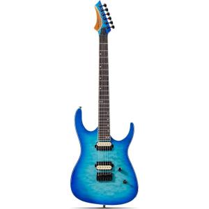 imageLeo Jaymz Electric Guitar Monsoon SeriesReverse HeadstockMahogany BodyRoasted Maple NeckRosewood FretboardLocking TunersRounded End FretsAlnicoV PickupsFixed Bridge Blue BurlBlue Ocean