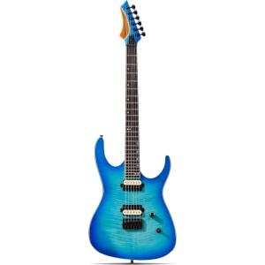 imageLeo Jaymz Electric Guitar Monsoon SeriesReverse HeadstockMahogany BodyRoasted Maple NeckRosewood FretboardLocking TunersRounded End FretsAlnicoV PickupsFixed Bridge Blue BurlBlue Flame