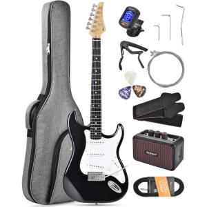 imageLeo Jaymz Beginner Electric Guitar Complete Kit with Portable Amp Padded Gig Bag ampamp Full Accessories Maple Neck SSS PickupsWhiteBlack FadeBlack