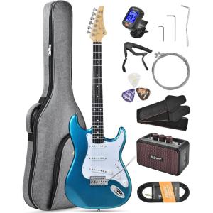 imageLeo Jaymz Beginner Electric Guitar Complete Kit with Portable Amp Padded Gig Bag ampamp Full Accessories Maple Neck SSS PickupsWhiteBlack FadeBlue