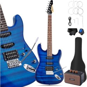 imageLeo Jaymz Beginner Electric Guitar Complete Kit with Portable Amp Padded Gig Bag ampamp Full Accessories Maple Neck SSS PickupsWhiteBlack FadeBlue Flame 5W