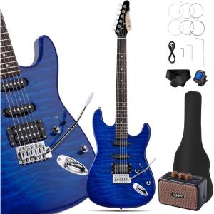 imageLeo Jaymz Beginner Electric Guitar Complete Kit with Portable Amp Padded Gig Bag ampamp Full Accessories Maple Neck SSS PickupsWhiteBlack FadeBlue Ocean 5W