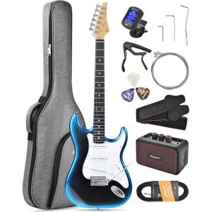 imageLeo Jaymz Beginner Electric Guitar Complete Kit with Portable Amp Padded Gig Bag ampamp Full Accessories Maple Neck SSS PickupsWhiteBlack FadeBlueBlack Fade