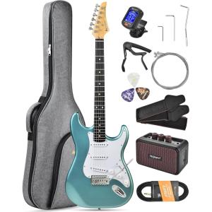 imageLeo Jaymz Beginner Electric Guitar Complete Kit with Portable Amp Padded Gig Bag ampamp Full Accessories Maple Neck SSS PickupsWhiteBlack FadeCyan