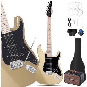 imageLeo Jaymz Beginner Electric Guitar Complete Kit with Portable Amp Padded Gig Bag ampamp Full Accessories Maple Neck SSS PickupsWhiteBlack FadeGold 5W
