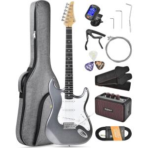 imageLeo Jaymz Beginner Electric Guitar Complete Kit with Portable Amp Padded Gig Bag ampamp Full Accessories Maple Neck SSS PickupsWhiteBlack FadeGray