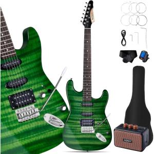 imageLeo Jaymz Beginner Electric Guitar Complete Kit with Portable Amp Padded Gig Bag ampamp Full Accessories Maple Neck SSS PickupsWhiteBlack FadeGreen Flame 5W