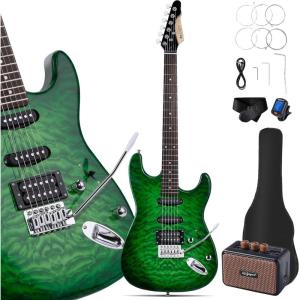 imageLeo Jaymz Beginner Electric Guitar Complete Kit with Portable Amp Padded Gig Bag ampamp Full Accessories Maple Neck SSS PickupsWhiteBlack FadeGreen Ocean 5W