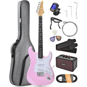imageLeo Jaymz Beginner Electric Guitar Complete Kit with Portable Amp Padded Gig Bag ampamp Full Accessories Maple Neck SSS PickupsWhiteBlack FadePink