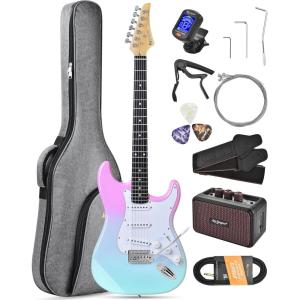 imageLeo Jaymz Beginner Electric Guitar Complete Kit with Portable Amp Padded Gig Bag ampamp Full Accessories Maple Neck SSS PickupsWhiteBlack FadePinkCyan Fade