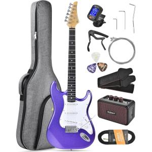 imageLeo Jaymz Beginner Electric Guitar Complete Kit with Portable Amp Padded Gig Bag ampamp Full Accessories Maple Neck SSS PickupsWhiteBlack FadePurple