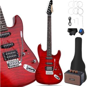 imageLeo Jaymz Beginner Electric Guitar Complete Kit with Portable Amp Padded Gig Bag ampamp Full Accessories Maple Neck SSS PickupsWhiteBlack FadeRed Ocean 5W