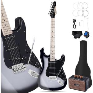 imageLeo Jaymz Beginner Electric Guitar Complete Kit with Portable Amp Padded Gig Bag ampamp Full Accessories Maple Neck SSS PickupsWhiteBlack FadeSilver Black 5W