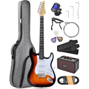 imageLeo Jaymz Beginner Electric Guitar Complete Kit with Portable Amp Padded Gig Bag ampamp Full Accessories Maple Neck SSS PickupsWhiteBlack FadeSunburst
