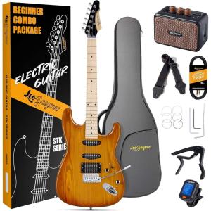 imageLeo Jaymz Beginner Electric Guitar Complete Kit with Portable Amp Padded Gig Bag ampamp Full Accessories Maple Neck SSS PickupsWhiteBlack FadeVinatage Sunburst
