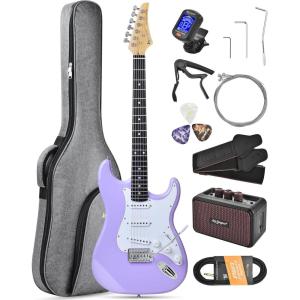 imageLeo Jaymz Beginner Electric Guitar Complete Kit with Portable Amp Padded Gig Bag ampamp Full Accessories Maple Neck SSS PickupsWhiteBlack FadeViolet