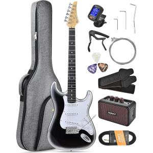 imageLeo Jaymz Beginner Electric Guitar Complete Kit with Portable Amp Padded Gig Bag ampamp Full Accessories Maple Neck SSS PickupsWhiteBlack FadeWhiteBlack Fade
